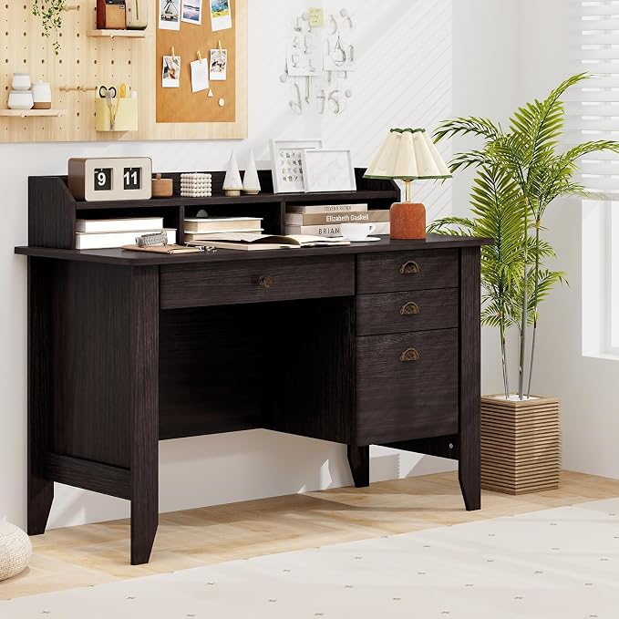 48" Computer Desk with 4 Storage Drawers and Hutch Wood Executive Table for PC Laptop