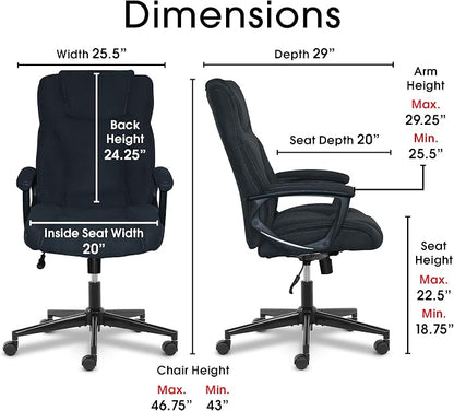Serta Connor Executive Office Chair, Ergonomic Computer Chair with Layered Body Pillows, Contoured Lumbar, Adjustable Seat, Microfiber Fabric, Black