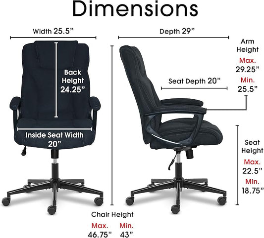 Serta Connor Executive Office Chair, Ergonomic Computer Chair with Layered Body Pillows, Contoured Lumbar, Adjustable Seat, Microfiber Fabric, Black