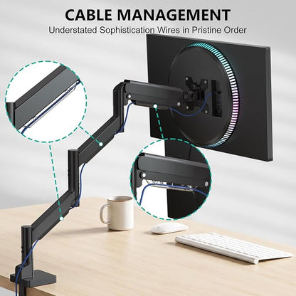 WALI Extra Long Single Monitor Arm for 17-38 inch Screens, up to 26.4 lbs | Tall Monitor Desk Mount, Full Motion with Tilt, Swivel, Rotation, C-Clamp/Grommet Base, VESA 75/100mm (GSMP001L), Black