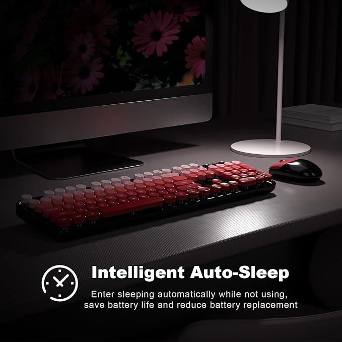 Wireless Keyboard and Mouse Combo, MOWUX Full Size Typewriter Retro Round Computer Keyboard, Cute Optical Mouse Wireless, Plug and Play, for Laptop, PC, Computer- Black Red Gradient