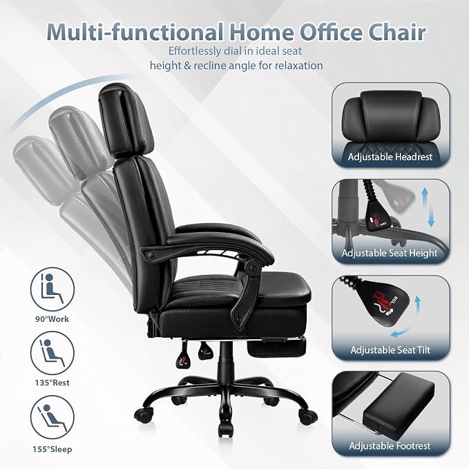 PRETZI Executive Office Chair 400LBS, Ergonomic Office Chair with Foot Rest, Heavy Duty Desk Chair for Home Office, Reclining High Back PU Leather Computer Chair Comfy, Black