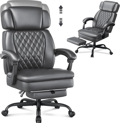 400lbs Executive Office Chair with Foot Rest for Heavy People, Ergonomic Big and Tall Desk Chair with Adjustable Headrest, High Back PU Leather Comfy Heavy Duty Computer Chair with Spring Cushion