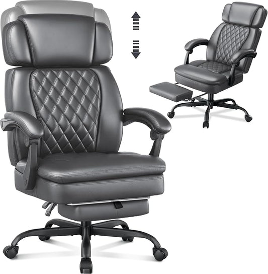 400lbs Executive Office Chair with Foot Rest for Heavy People, Ergonomic Big and Tall Desk Chair with Adjustable Headrest, High Back PU Leather Comfy Heavy Duty Computer Chair with Spring Cushion