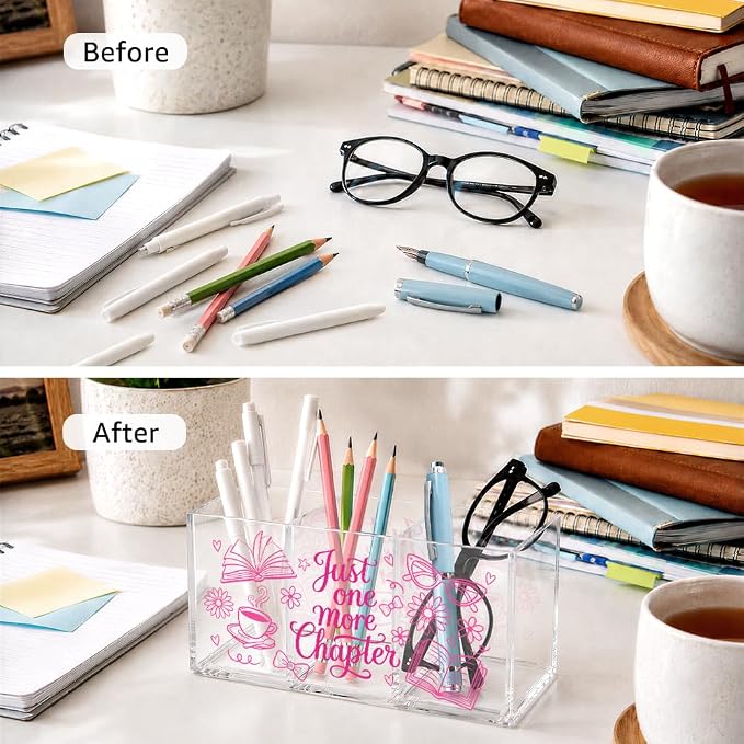 Fun Just One More Chapter Acrylic Organizer, 3 Compartment Desk & Makeup Storage Box for Book Lover, Pen Holder for Vanity Bathroom Office, Bookish Gifts for Reader, Librarian Desk Accessories