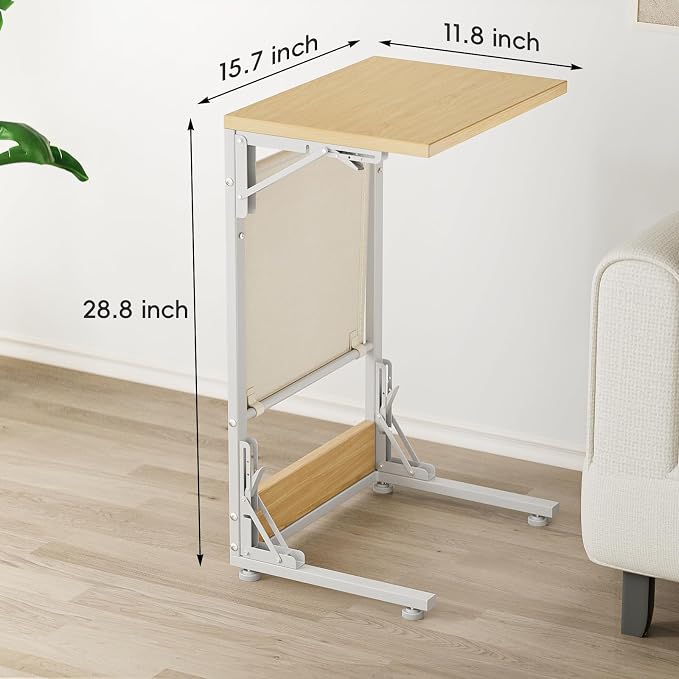Folding TV Tray Table, 28.8" Tall C-Shaped Side Table for Couch and Bed, Slide Under Sofa Side Desk with Storage Bag - Sturdy Metal Frame Tray for Living Room, Bedroom, Home & Office (Light Walnut)
