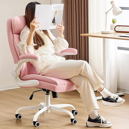 Leather Office Chair, Computer Desk Chair with Lumbar Support,Height Adjustment, Comfortable Excutive Task Chairs 400lbs with Padded Flip-up Armrests, Pink