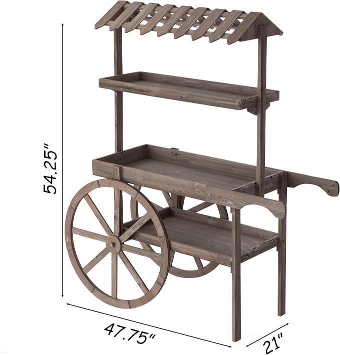 Antique Rustic Solid Wood Decor Display Rack Cart Wood Plant Stand 3 Tier with Wheels for Display, Wood Wagon with Shelves for Plants and More