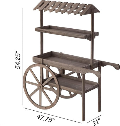 Antique Rustic Solid Wood Decor Display Rack Cart Wood Plant Stand 3 Tier with Wheels for Display, Wood Wagon with Shelves for Plants and More