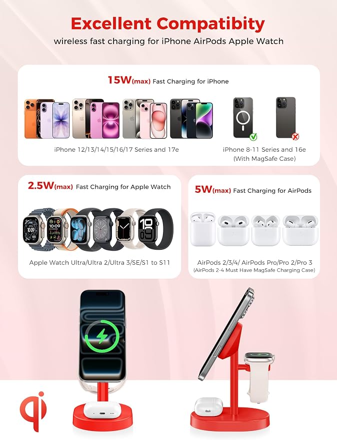 Hevanto 2026 3 in 1 Wireless Charging Station for Apple MagSafe Charger, 15W Fast Magnetic Mag-Safe Charger Stand for iPhone 17 16 15 14 13 12 Apple Watch AirPods Compatible with MagSafe, DeepRed