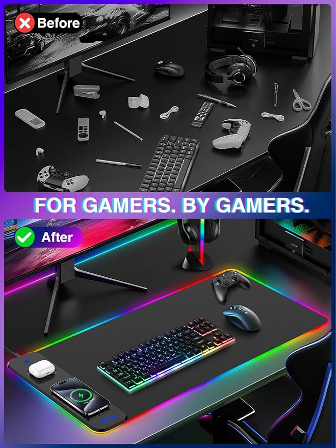 Magnetic Charging Mouse Pad 31.5x15.75, 15W Fast Wireless Charging Desk Mat, XXL Desk Pad RGB Gaming Mousepad, Home Office Large Keyboard Pad with Ultra-Smooth Surface, Non-Slip Base