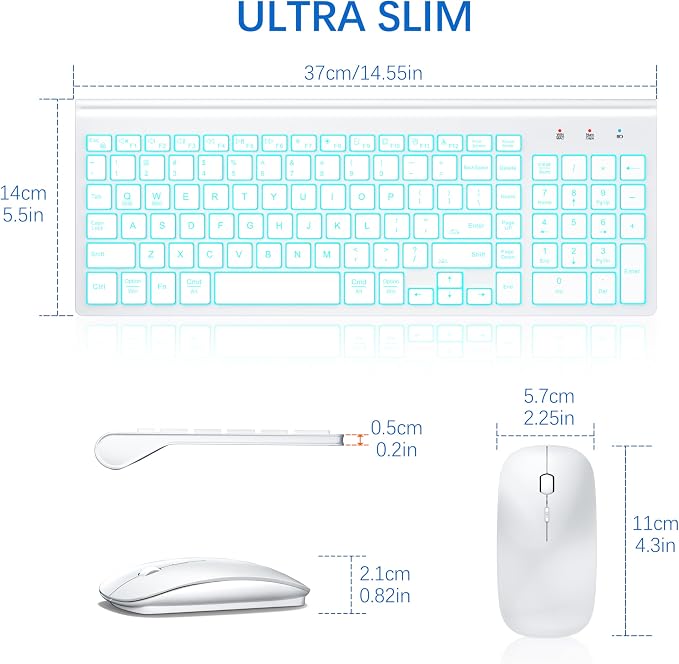 Wireless Backlit Keyboard and Mouse Ultra Slim Combo, TopMate 2.4G Silent Compact 2400DPI Mouse and Scissor Switch Keyboard Set, Batteries Included, for PC/Laptop/Windows/Mac/Gaming - BL Matte White