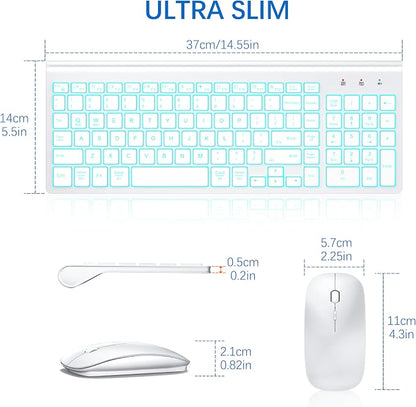 Wireless Backlit Keyboard and Mouse Ultra Slim Combo, TopMate 2.4G Silent Compact 2400DPI Mouse and Scissor Switch Keyboard Set, Batteries Included, for PC/Laptop/Windows/Mac/Gaming - BL Matte White