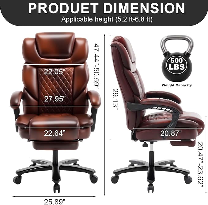 500lbs Reclining Office Desk Chair with Footrest, Managerial Executive Chair Lounge Chair for Office, Plus Size Brown Leather Recliner Office Chairs