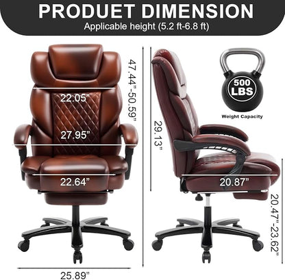 500lbs Reclining Office Desk Chair with Footrest, Managerial Executive Chair Lounge Chair for Office, Plus Size Brown Leather Recliner Office Chairs