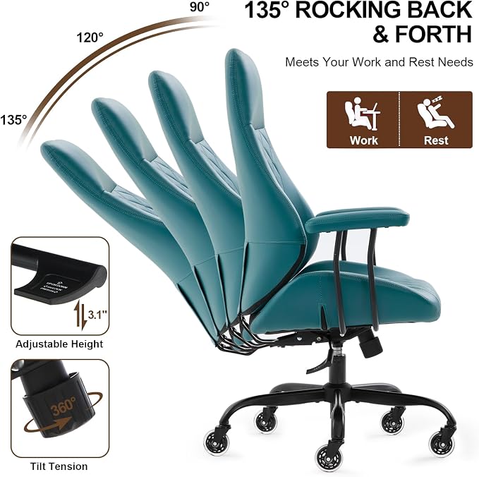 Office Chair with Rubber Wheels, Ergonomic Computer Chair 500 lbs, Leather Desk Chair with Lumbar Support, Executive Chair Adjustable Height & Recline, Green | Ergonomic, Lumbar Support, 360° Swivel & Rolling Wheels, Adjustable Height, for Adults & Women