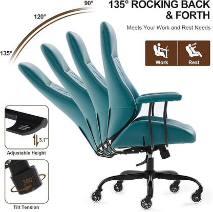 Office Chair with Rubber Wheels, Ergonomic Computer Chair 500 lbs, Leather Desk Chair with Lumbar Support, Executive Chair Adjustable Height & Recline, Green | Ergonomic, Lumbar Support, 360° Swivel & Rolling Wheels, Adjustable Height, for Adults & Women