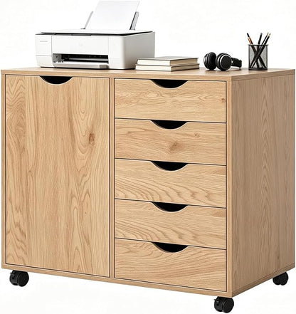 5 Drawer Wood Storage cabinets, Chest of Drawers for Home Office, Printer Stand with Adjustable Shelf (Natural)