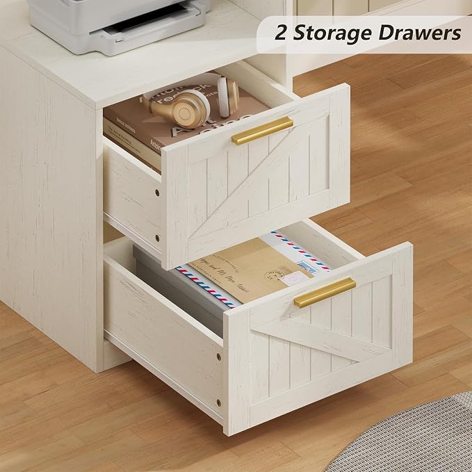 YOMILUVE 63" Farmhouse L Shaped Executive Desk with Drawers & Storage Shelf, Corner Computer Desk with Power Outlets, L Shaped Office Desk with Monitor Stand, Printer Shelf, White