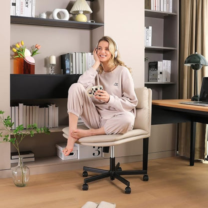 EMIAH Criss Cross Chair with Wheels Home Office Desk Chairs PU-Padded Vanity Chair Mid-Back Ergonomic Computer Chair Comfortable Adjustable Swivel Desk Chair Comfy