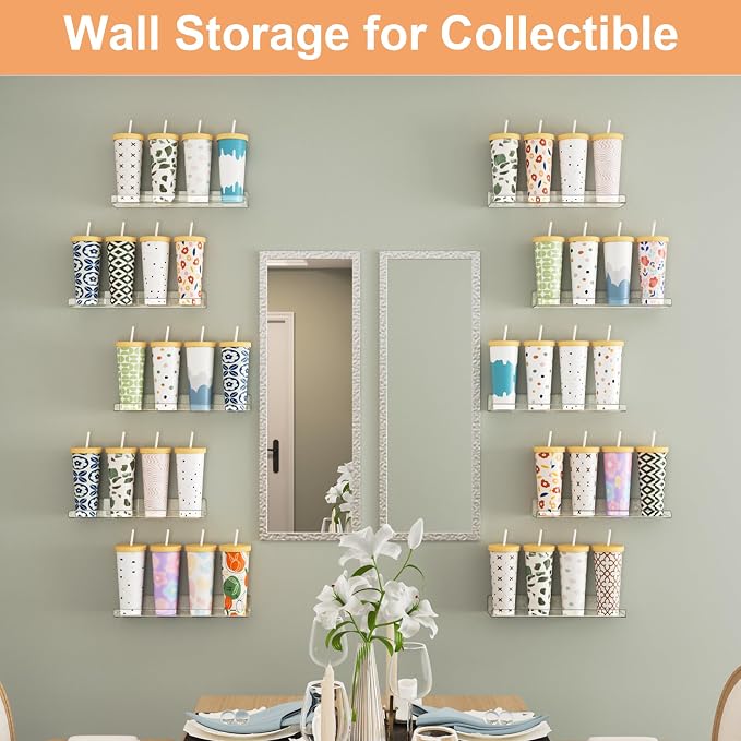 upsimples 8 Pack Acrylic Shelves Wall Organizer and Storage, 15" Display Shelf for Figure, Toy Cars, Perfume, Kids Bookshelf for Bedroom, Nursery, Craft Room, Clear