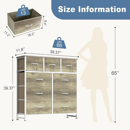 DUMOS Dresser for Bedroom, Storage Organizer with 9 Drawers, Chest of Drawers with Fabric Bins, Sturdy Metal Frame, Wood Tabletop for Guest Room, Closet, Entryway, Oak