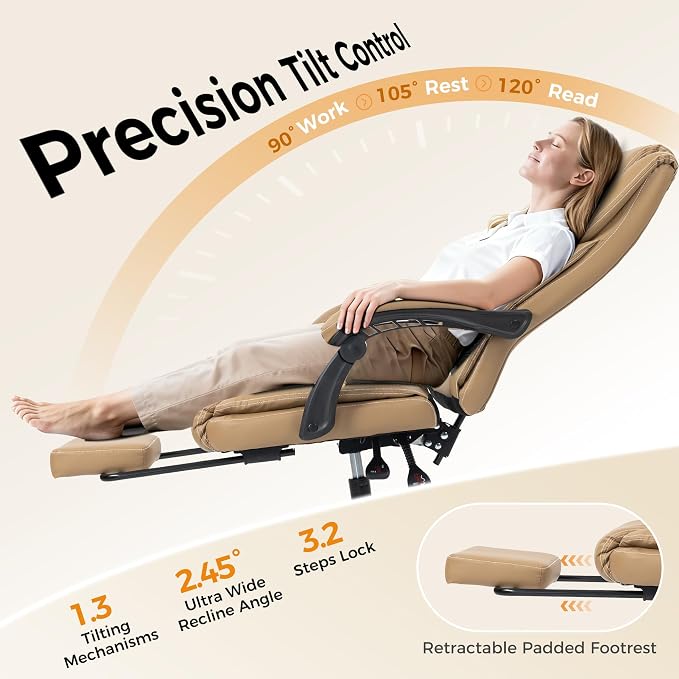 Office Chair with Footrest, Executive Breathable Leather Office Desk Chair with Lumbar Support - Ergonomic Comfy Wide Reclining Swivel Rolling Gaming Computer Chair with Adjustable 90-135° High Back