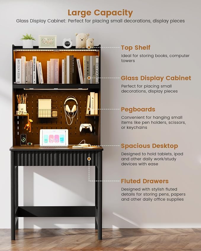 HNEBC Black Computer Desk - with Power Outlets & Chariging Station,Small Writing Desk with Hutch and Drawers,66.3''H Office Desk with Pull-Out LED Lights,Pop-up Glass Door,Pegboards,Bedroom