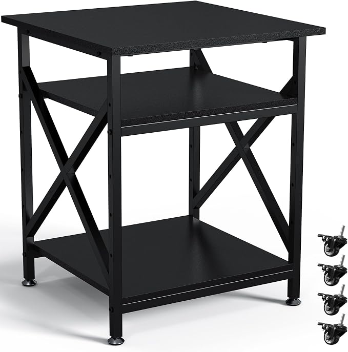 3 Tier Printer Stand, Large Table with Wheels, Rolling Cart with Height Adjustable Middle Storage Shelf, 23.6 x 23.6 x 30.3 Inches Shelf for Home Office, Black