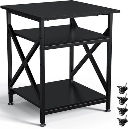 3 Tier Printer Stand, Large Table with Wheels, Rolling Cart with Height Adjustable Middle Storage Shelf, 23.6 x 23.6 x 30.3 Inches Shelf for Home Office, Black