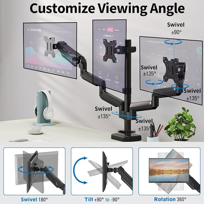 Triple Monitor Desk Mount for Computer Screens up to 32", Holds up to 19.8 lbs Each, 3 Monitor Arm, Heavy Duty Stand Vesa Mount 75x75, 100x100