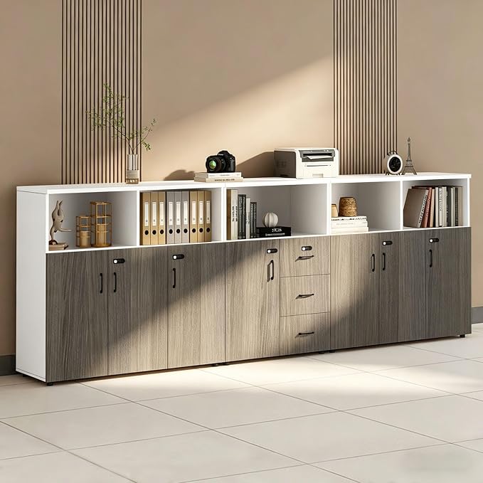 File Cabinet with Password Lock, Wood Lateral Filing Cabinet for Letter/A4 Files, 3 Drawer with Door, Printer Stand with Open Shelves for Home Office