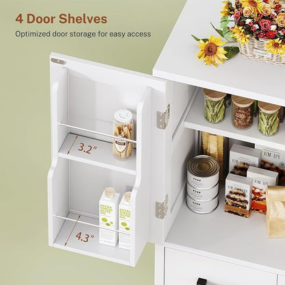 TEENFON Pantry Cabinet with 2 Drawers, Kitchen Storage Cabinet with 4 Door Shelves, Kitchen Pantry for Living Room, Dining Room, Bathroom, White