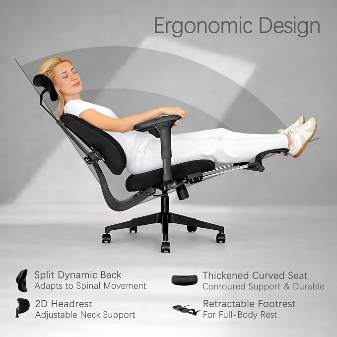 Ergonomic Office Chair, Dynamic Split Back Lumbar Support, Thick High-Density Molded Foam Seat, 4D Adjustable Armrests, Swivel High Back Computer Desk Chair with Footrest for Home Office, Flex S3