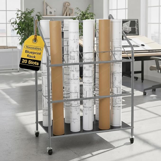 Houseables Blueprint Holder, Blueprint Storage, Construction Plan Holder, Storage Rack, Print Rack, Map Cabinet, Poster Display, Blue Print Organizer on Wheels, Architect, Paper, Tube, 20 Slot Cart