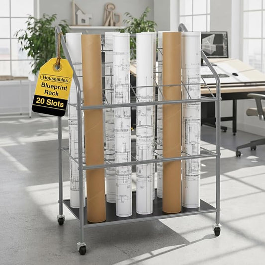 Houseables Blueprint Holder, Blueprint Storage, Construction Plan Holder, Storage Rack, Print Rack, Map Cabinet, Poster Display, Blue Print Organizer on Wheels, Architect, Paper, Tube, 20 Slot Cart