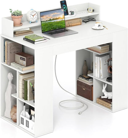 GOFLAME Computer Desk, 43” Home Office Desk with Power Outlets, Monitor Shelf, Bookshelf & Cable Hole, Modern Study Writing Desk, PC Workstation for Living Room Bedroom, White