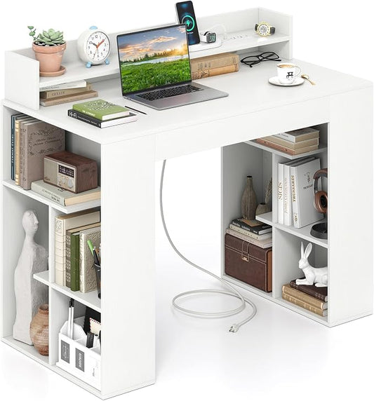 GOFLAME Computer Desk, 43” Home Office Desk with Power Outlets, Monitor Shelf, Bookshelf & Cable Hole, Modern Study Writing Desk, PC Workstation for Living Room Bedroom, White