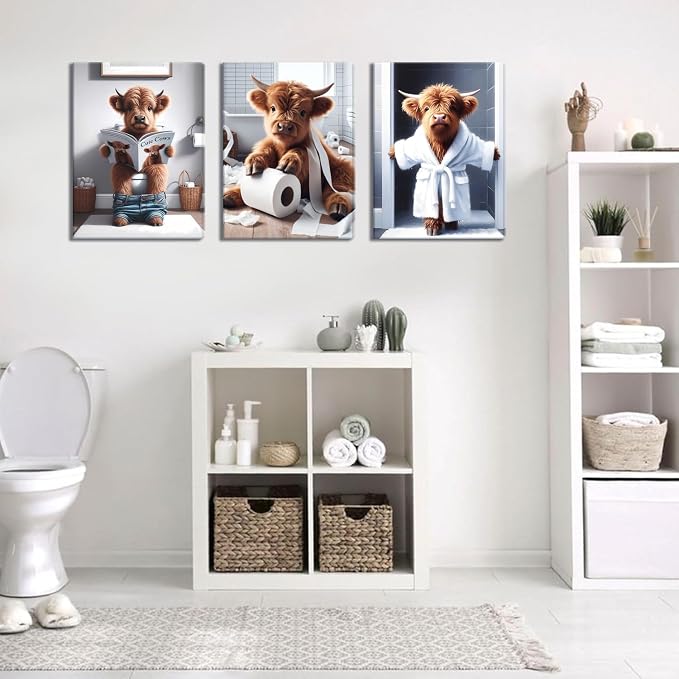 Funny Bathroom Highland Cow Wall Art Set of 3, Brown Cute Cow Animal Canvas Posters Prints Wall Decor, Vintage Rustic Farmhouse Home Painting Pictures for Kids Room Restroom Framed 12x16 Inch