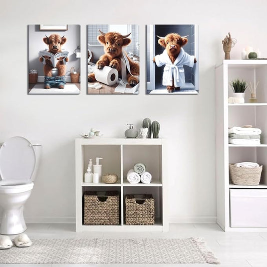 Funny Bathroom Highland Cow Wall Art Set of 3, Brown Cute Cow Animal Canvas Posters Prints Wall Decor, Vintage Rustic Farmhouse Home Painting Pictures for Kids Room Restroom Framed 12x16 Inch