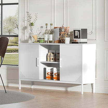 STEEHOOM TV Stand with Door and Adjustable Shelves, Buffet Sideboard Cabinet, Coffee Bar Metal Locker Pantry with 2 Shelves for Office, Home, Kitchen, Living Room (White, 47.24"D x 13.78"W x 29.53"H)