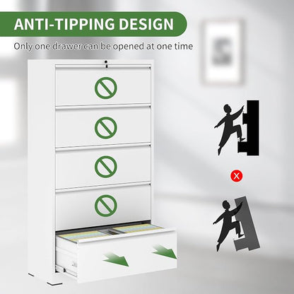 5 Drawer File Cabinet,Metal Lateral Filing Cabinet with Lock,Home Office Storage Organizer Cabinet for Legal/Letter/A4/F4 Size Files,35.5" W,White