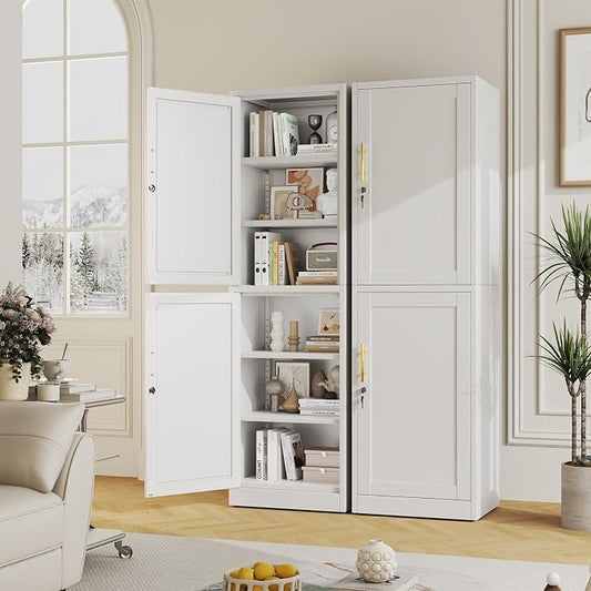 pozdeg 67" Metal Storage Cabinet with Lock, Tall Narrow Office File Cabinets with 2 Doors & 4 Adjustable Shelves, Metal Steel Locker for Home, School, Office, Garage or Gym (White)