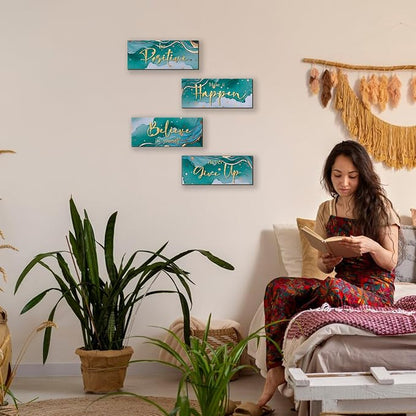 FENCORDAR 4 Piece Teal and Gold Wall Decor Set Motivational Wall Decor Inspirational Wooden Signs for Bedroom Bathroom Women’s Office Abstract Elegant Art for Home or Office Decoration 10X4 Inches