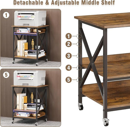 VENNQD 23.6 x 23.6 x 30.3 Inches Printer Stand, Large Printer Table with Adjustable Middle Shelf, Rolling Printer Cart with Wheels, 3 Tier Printer Table for Home Office Scanner Fax, Rustic Brown