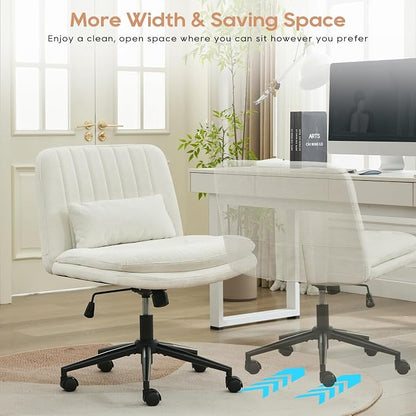 IPKIG Criss Cross Chair, Small Armless Desk Office Computer Chair with Wheels and Lumbar Pillow, Comfy Adjustable Swivel Task Vanity Chair Chenille, White