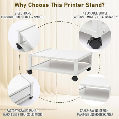 Zonon 2 Tier Printer Stand Under Desk with Lockable Wheels 19.7x15.7x7.9 Inch Rolling Printer Table Cart Under Desk Short Movable Storage Shelf for Home Office Organization(Open Shelf Style,White)