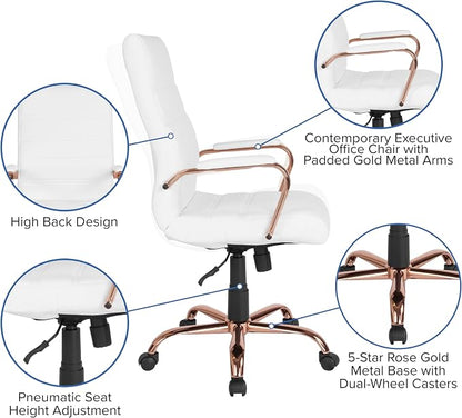 Flash Furniture Whitney High-Back Swivel LeatherSoft Desk Chair with Padded Seat and Armrests, Adjustable Height Padded LeatherSoft Office Chair, White/Rose Gold