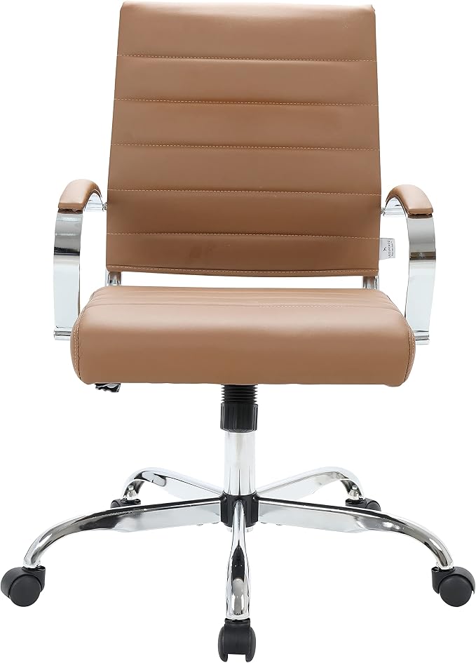 LeisureMod Benmar Leather Office Desk Chair, Mid-Back Ergonomic Swivel Chair with Lumbar Support, Adjustable Height, Tilt Lock, Cushioned Seat & Back, Home Office Task Chair (Brown, Set of 4)