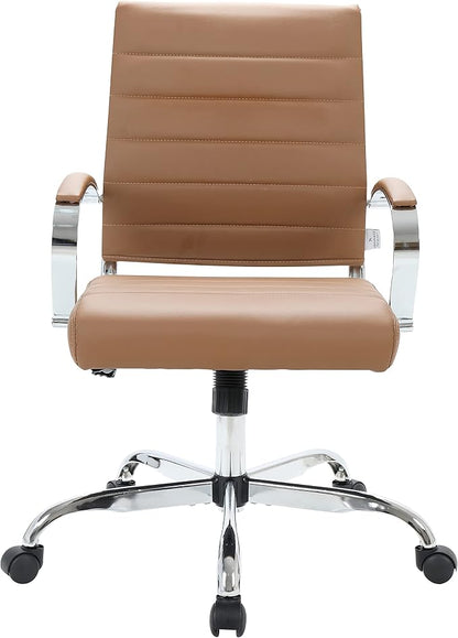 LeisureMod Benmar Leather Office Desk Chair, Mid-Back Ergonomic Swivel Chair with Lumbar Support, Adjustable Height, Tilt Lock, Cushioned Seat & Back, Home Office Task Chair (Brown, Set of 4)